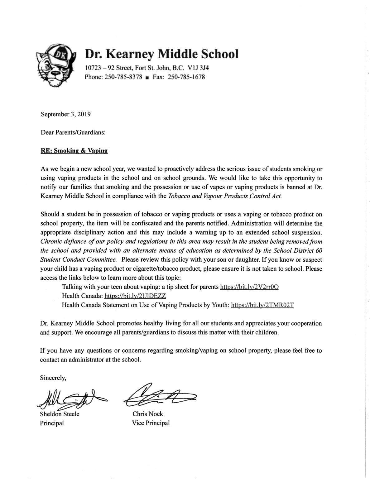 Important Letter Regarding Smoking & Vaping - Dr. Kearney Middle School